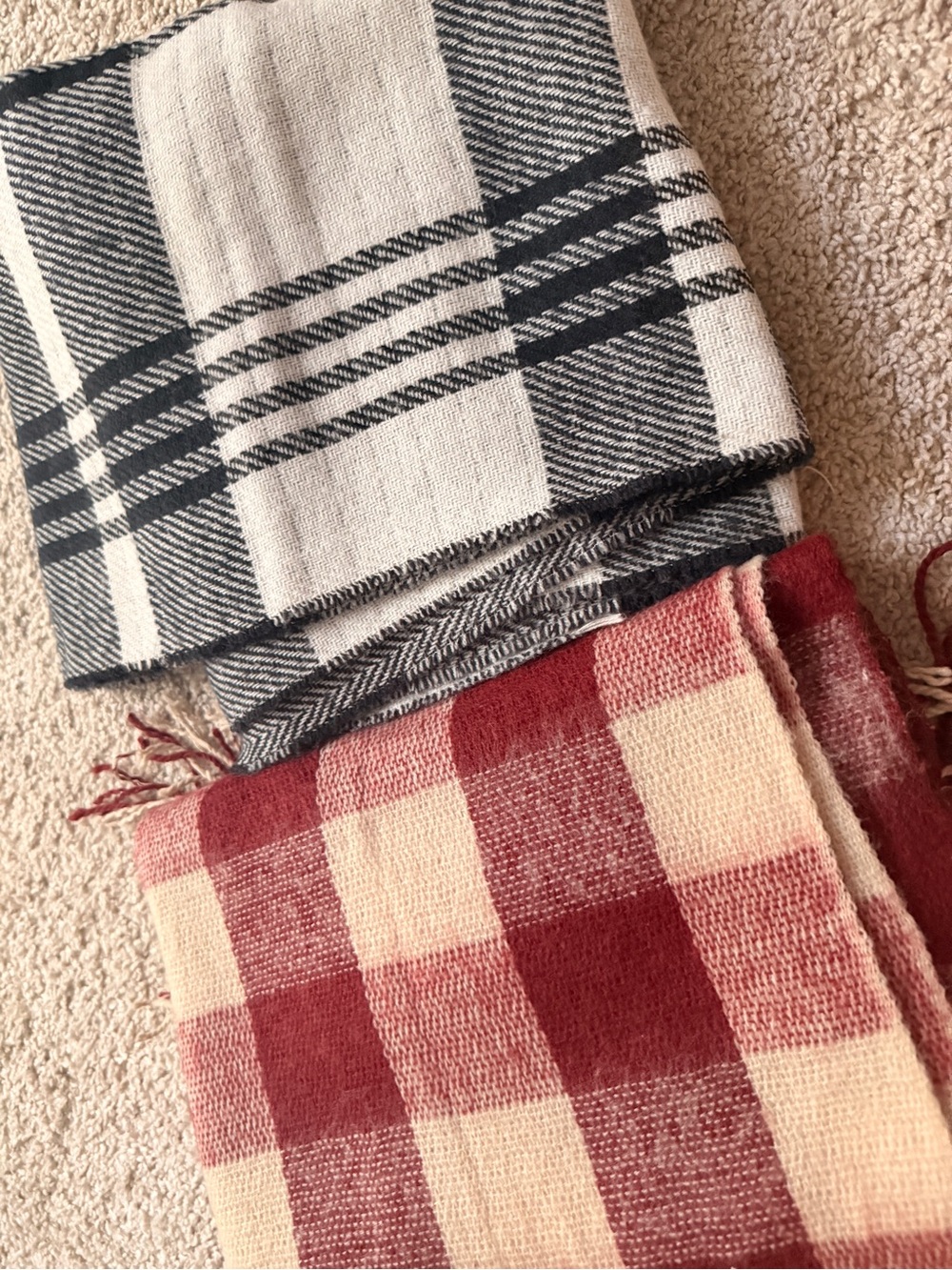 Cozy Plaid Scarf Duo - Black & White + Red & Cream